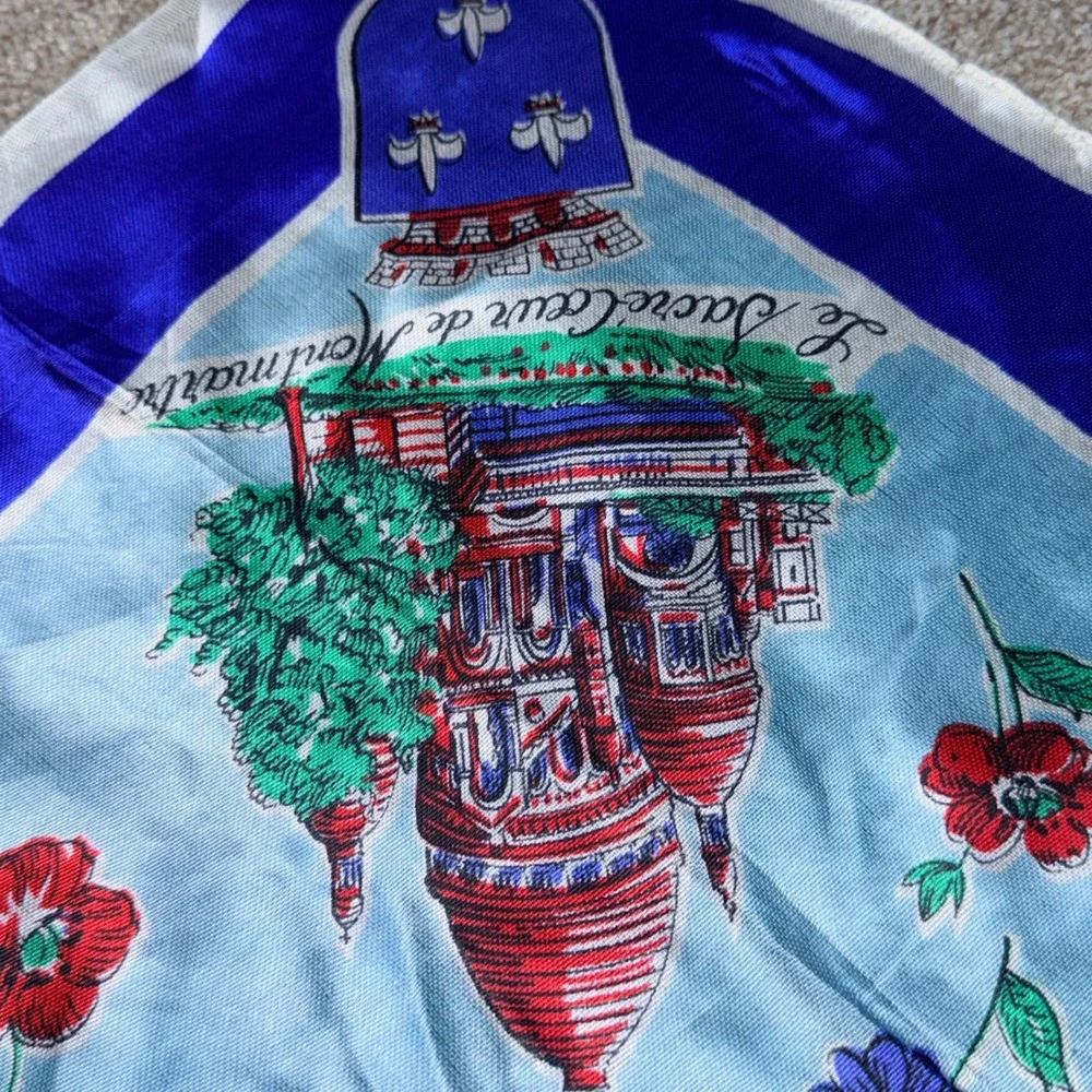 Vintage Souvenir de Paris Scarf Blue Eiffel Tower Notre Dame Landmarks